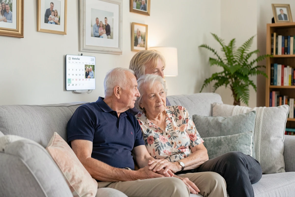 Un couple de seniors consulte ensemble un calendrier numérique mural pour accompagner la mémoire et prévenir la confusion liée à Alzheimer