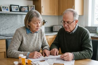 Couple senior examinant des reçus médicaux à la maison