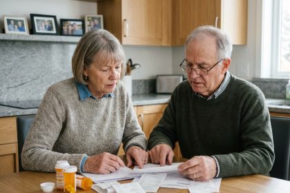Couple senior examinant des reçus médicaux à la maison