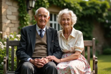 Couple âgé assis sur un banc dans un jardin ensoleille avec mur en pierre