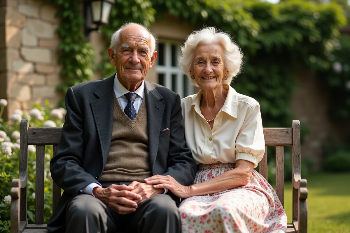 Couple âgé assis sur un banc dans un jardin ensoleille avec mur en pierre
