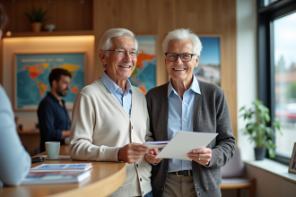 Couple senior souriant discutant de voyages à l'agence