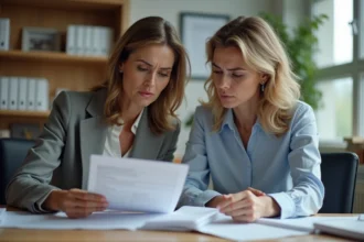 Deux femmes d'âge moyen examinent des documents au bureau