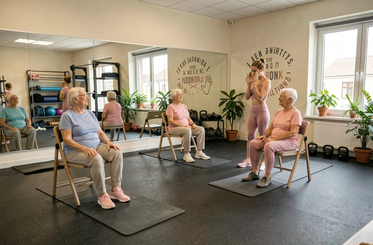 Séance de yoga doux en groupe dans la salle de bien-être de la résidence DOMITYS Calandra à Villepinte