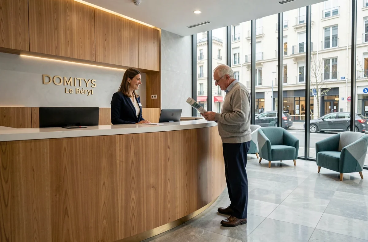 Hall de réception moderne de la résidence DOMITYS Le Béryl à Saint-Ouen avec un résident accueilli par la conciergerie