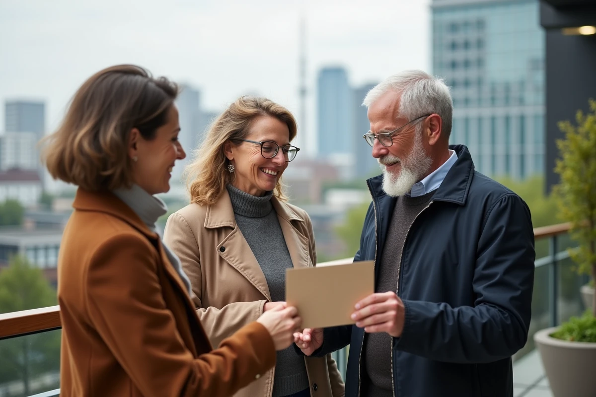 Trois collègues échangeant une carte d