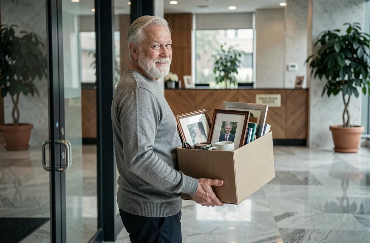 Employé senior quittant définitivement son entreprise avec ses affaires personnelles dans un carton lors de son départ à la retraite