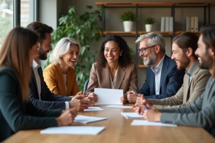 Groupe diversifié de collègues souriants autour d'une table de réunion