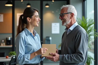 Femme souriante offrant une carte à un collègue au bureau