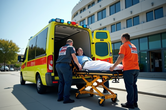 Équipe de secours aidant un patient dans une ambulance moderne