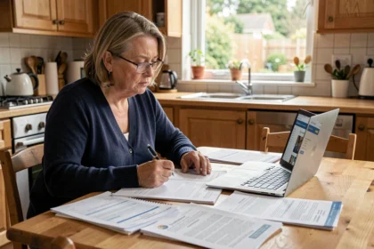 Femme adulte examinant des dossiers administratifs pour une demande d'aide financière maison de retraite