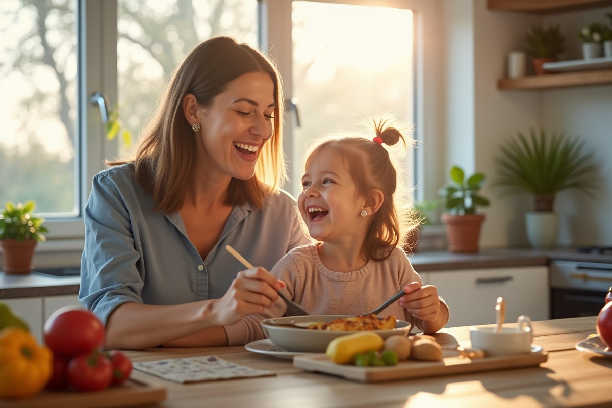 Parent et enfant riant au petit déjeuner dans une cuisine ensoleillee