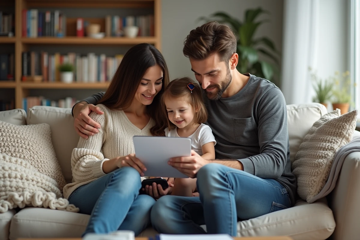 Famille avec enfant sur un canapé en train de compter et écrire
