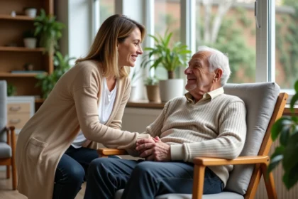Une fille adulte tenant la main de son père âgé dans le salon d'un EHPAD, illustrant la relation famille-résident