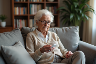 Femme âgée avec alarme dans un salon moderne