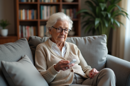 Femme âgée avec alarme dans un salon moderne
