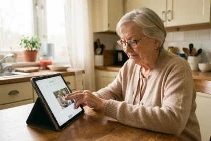 Une femme âgée utilise un calendrier électronique senior pour gérer ses rappels quotidiens après un diagnostic Alzheimer