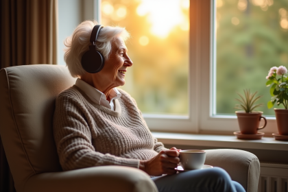 Femme agee souriante écoute de la musique avec casque dans un salon
