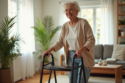 Femme agee souriante utilisant une marche moderne dans un salon lumineux