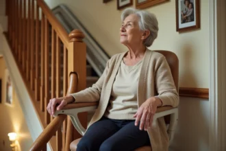 Femme âgée assise sur un monte-escalier sans installation fixe dans un escalier en bois d'une maison traditionnelle