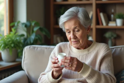 Femme âgée lisant une bouteille de médicaments dans un salon chaleureux
