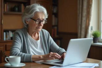 Une femme âgée consulte le portail Mon proxima.fr sur un ordinateur portable à son domicile, entourée de documents administratifs