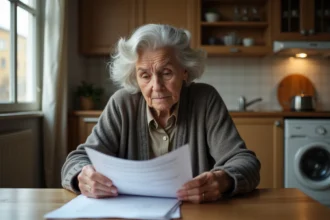 Femme âgée étudiant des documents officiels dans sa cuisine