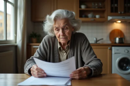 Femme âgée étudiant des documents officiels dans sa cuisine