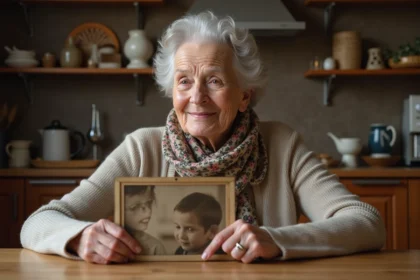 Femme âgée souriante tenant une photo d'enfance dans la cuisine