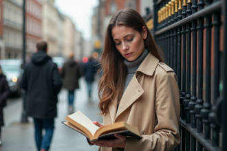 Femme en trench beige lisant un livre d'astrologie en extérieur