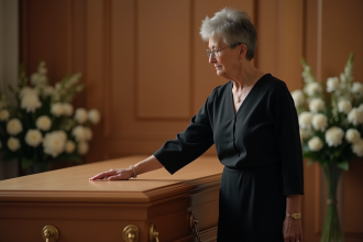 Femme d'âge moyen posant sa main sur un cercueil en bois