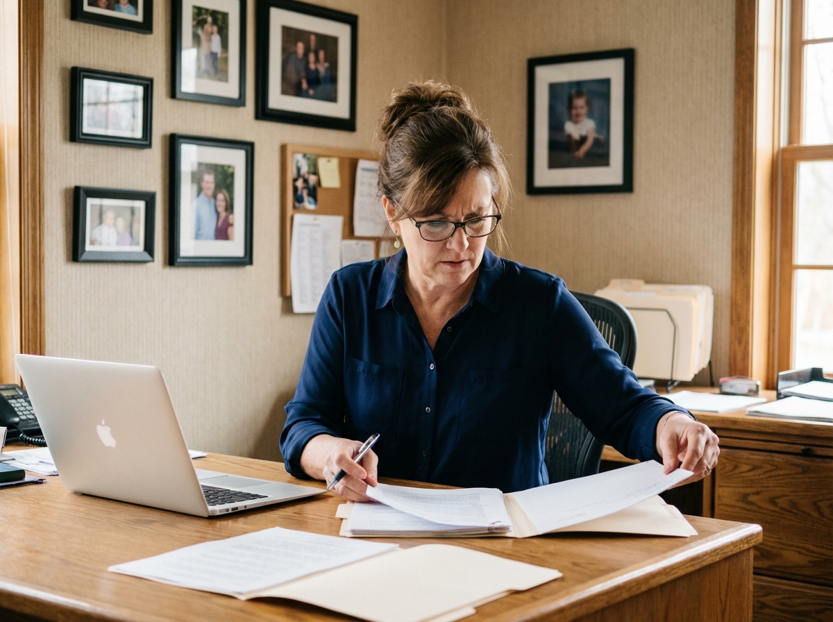 Femme d'âge moyen dans un bureau à domicile organisée