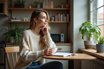 Femme assise à une table de cuisine avec café et livre