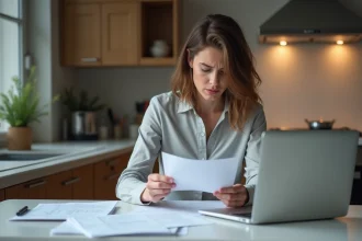 Femme d'affaires examine des chèques vacances dans une cuisine