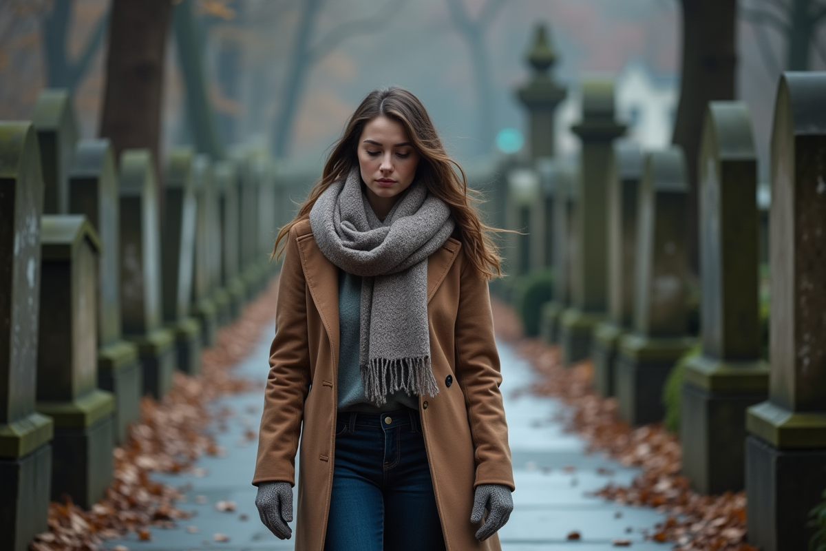 Jeune femme marche contemplative dans un cimetière
