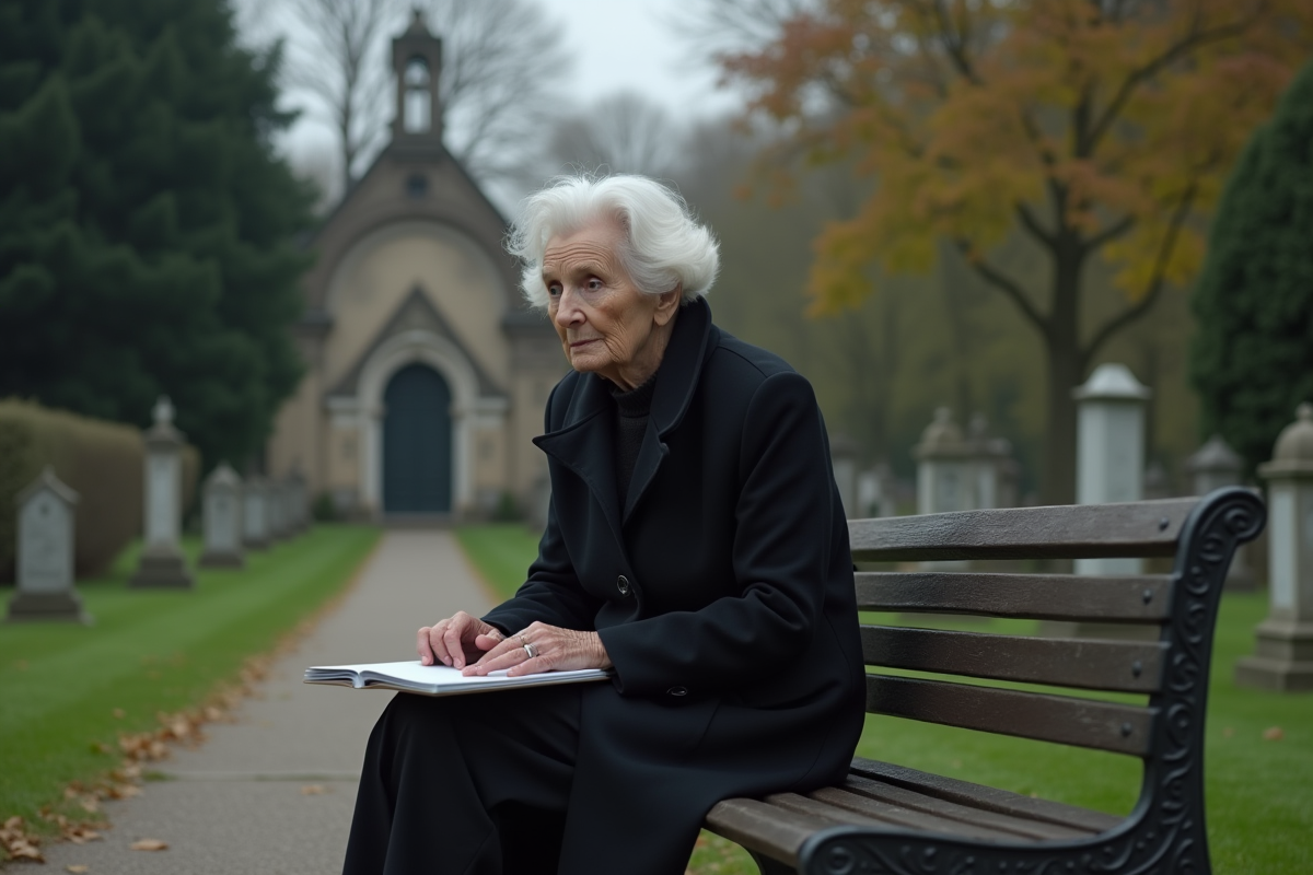 Femme âgée assise dans un cimetière calme