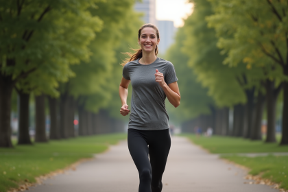 Femme souriante en course dans un parc urbain