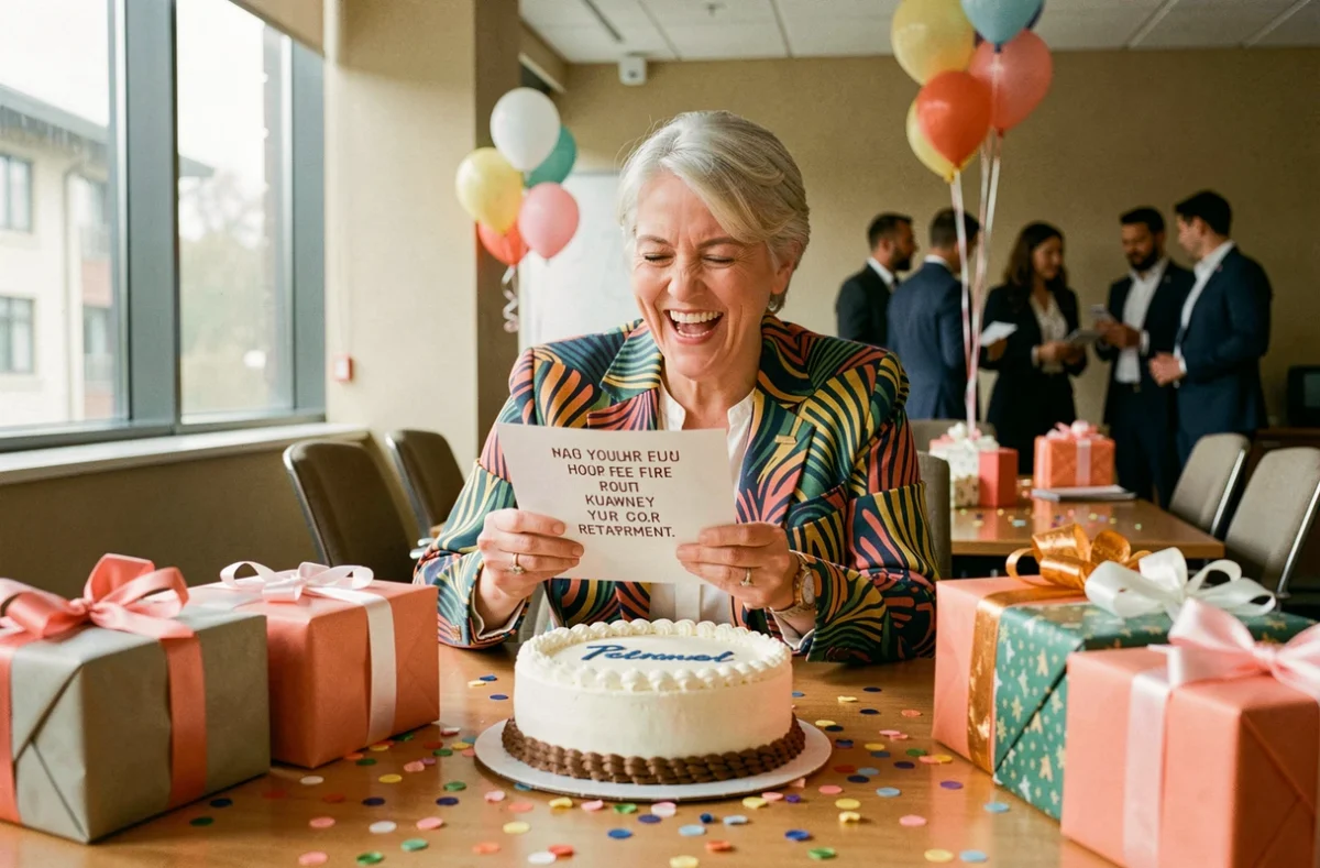 Femme retraitée riant en lisant une carte humoristique de départ entourée de cadeaux et d'un gâteau de retraite lors d'une fête entre collègues