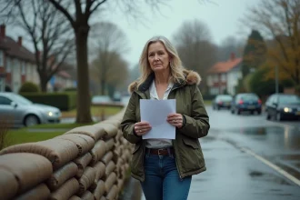Femme déterminée tenant un document près d'une barrière de sable