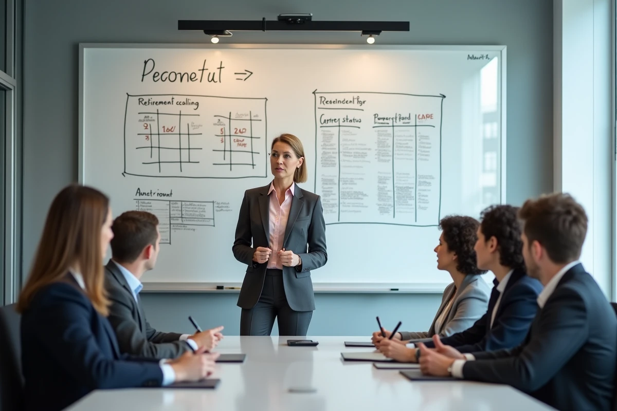 Femme en blazer discute avec collègues devant tableau blanc