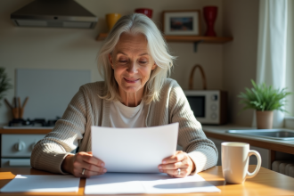 Femme d'âge moyen examinant des documents dans la cuisine