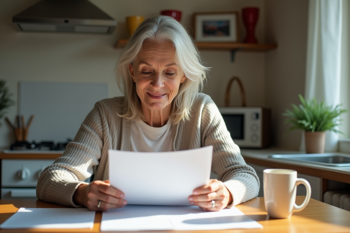 Femme d'âge moyen examinant des documents dans la cuisine