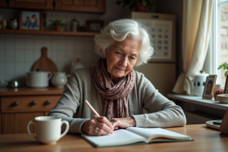 Femme âgée pensive avec un carnet dans la cuisine chaleureuse