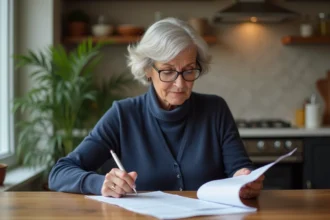 Une femme senior examine attentivement un devis de services d'aide à domicile ADMR à sa table de cuisine
