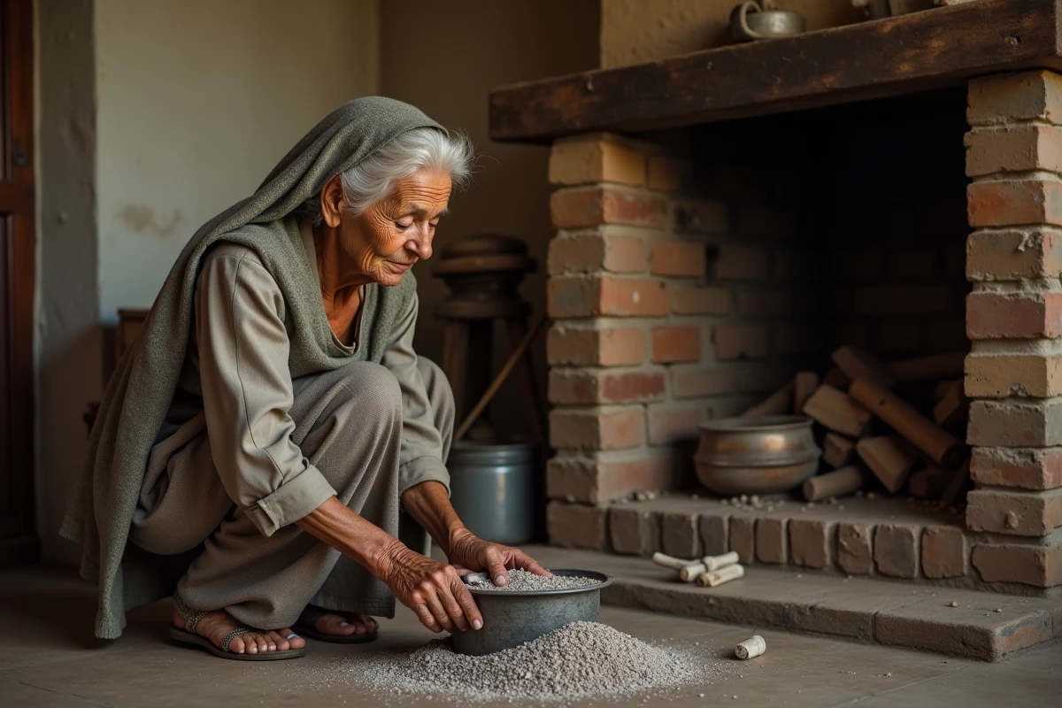 Femme âgée recueillant les cendres près de la cheminée
