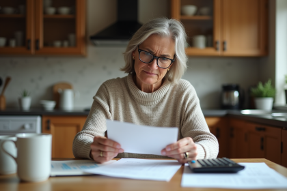 Femme d'âge moyen avec lunettes à la maison gère des papiers