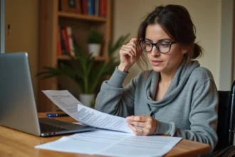 Femme en fauteuil roulant consultant des documents administratifs sur la déconjugalisation de l'AAH à son domicile