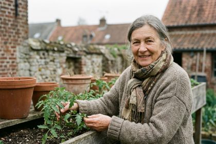 Femme retraitée souriante dans son jardin près de Cambrai