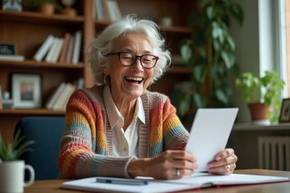 Femme âgée souriante lisant une carte d'adieu au bureau
