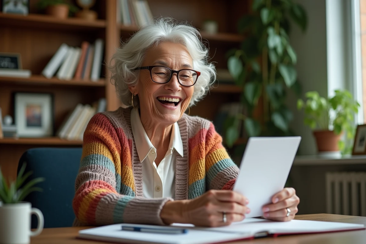 Femme âgée souriante lisant une carte d'adieu au bureau